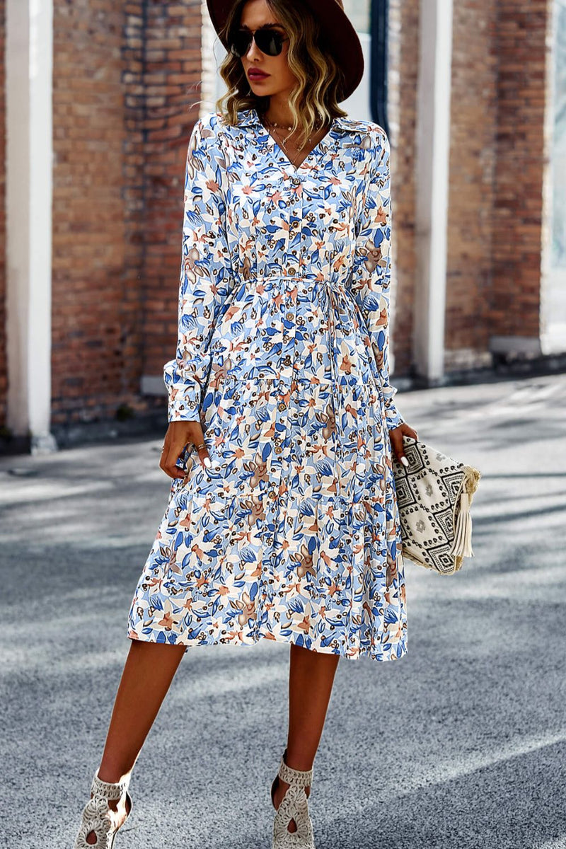 Printed Button Front Belted Tiered Shirt Dress - Bakers Shoes store