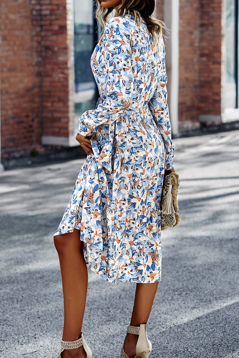 Printed Button Front Belted Tiered Shirt Dress - Bakers Shoes store