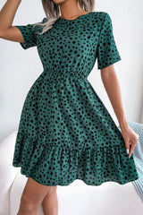Printed Round Neck Short Sleeve Ruffled Dress - Bakers Shoes store