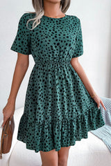 Printed Round Neck Short Sleeve Ruffled Dress - Bakers Shoes store