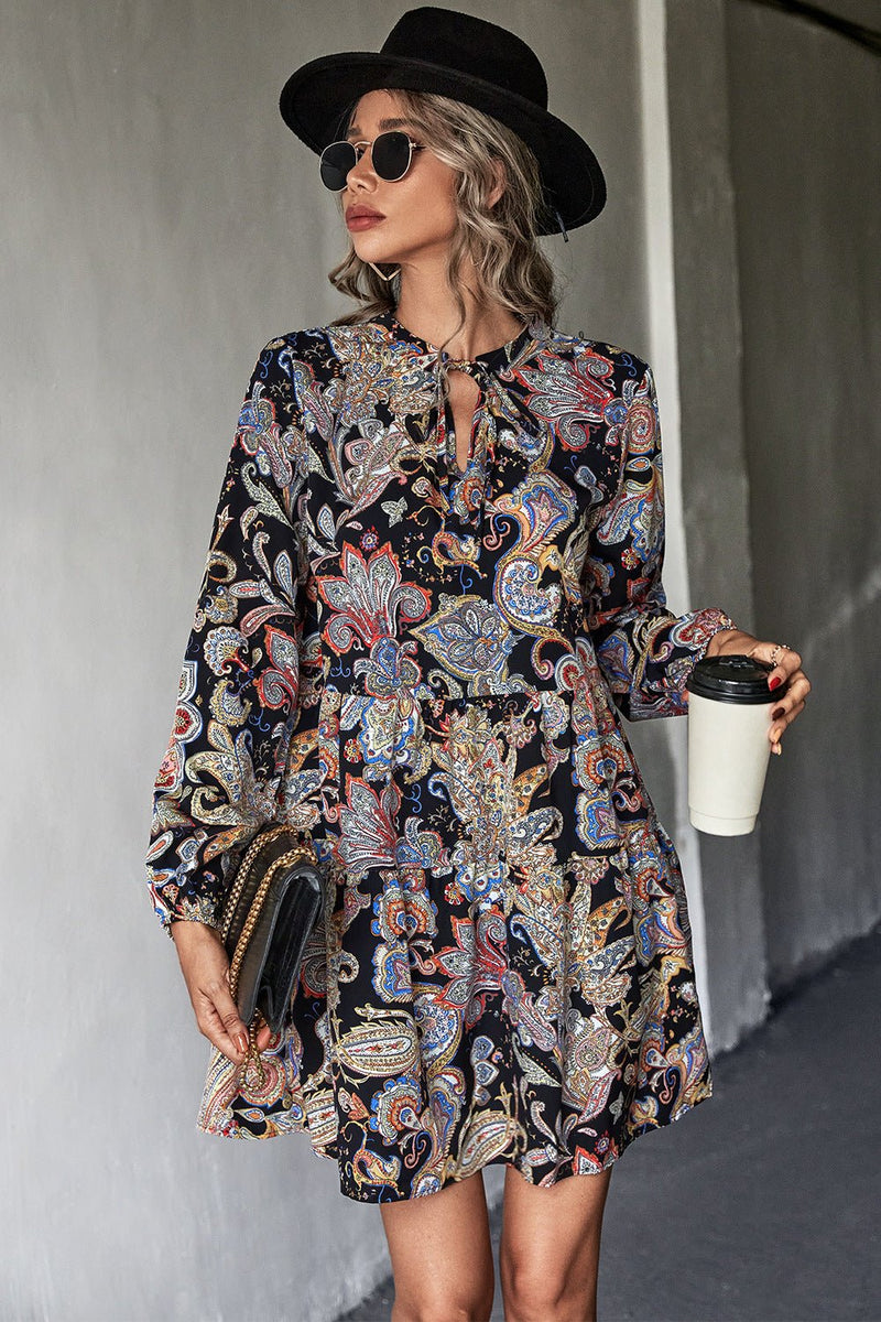 Printed Tie Neck Balloon Sleeve Mini Dress - Bakers Shoes store