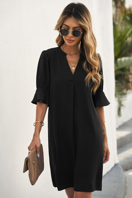 Puff Sleeve Notched Mini Shift Dress - Bakers Shoes store