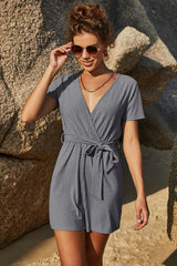 Ribbed Short Sleeve Belted Romper - Bakers Shoes store