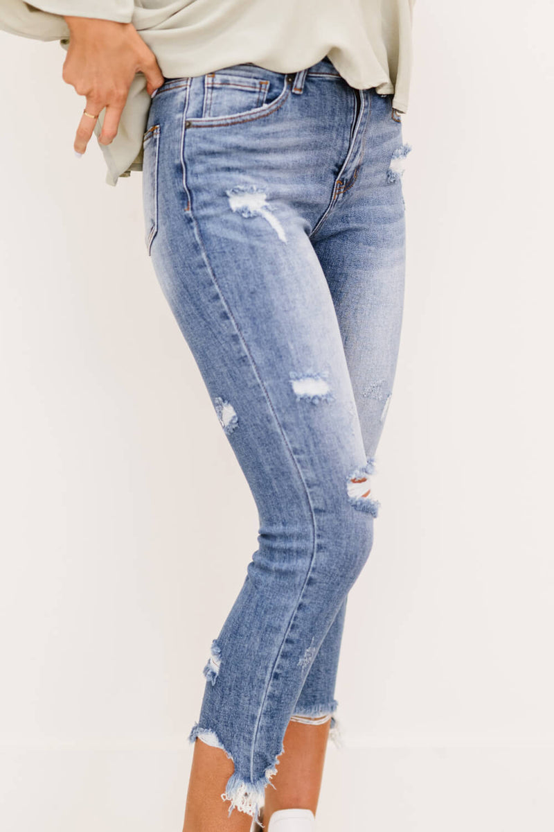RISEN Simone High Rise Distressed Raw Hem Skinny Jeans - Bakers Shoes store