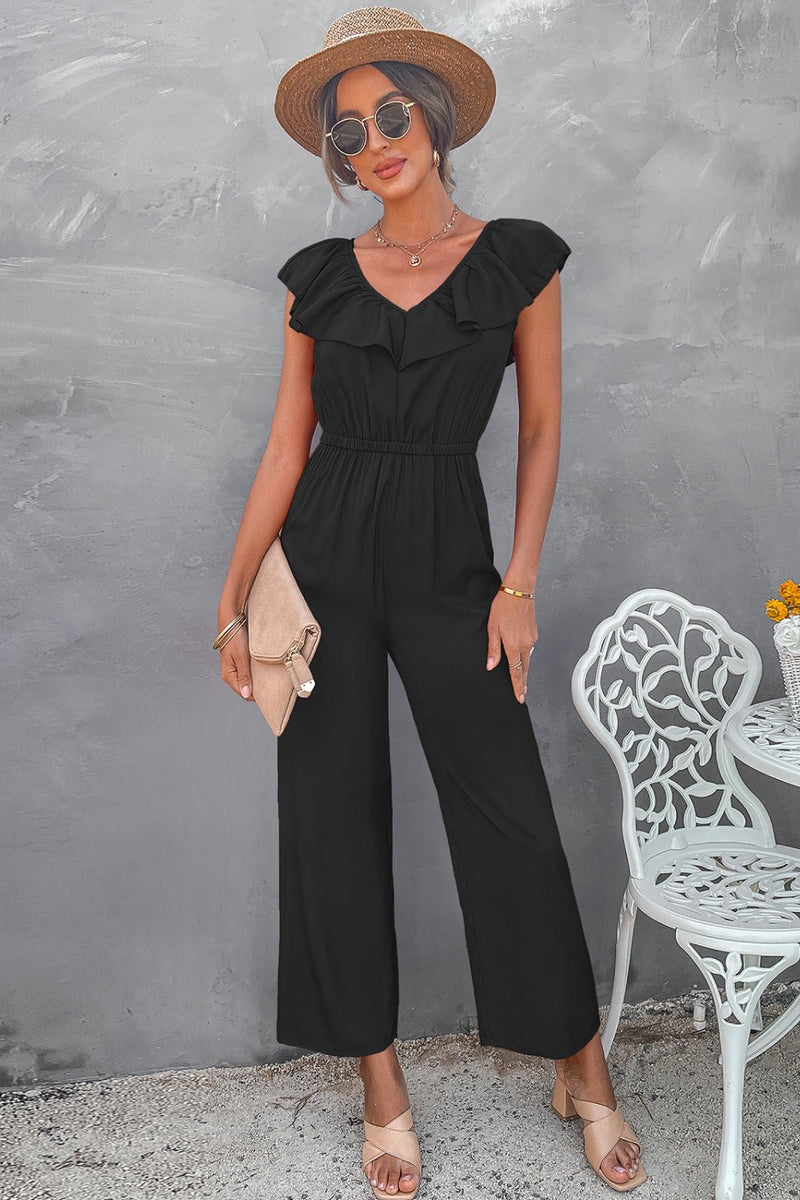 Ruffle Trim Tie-Back Wide Leg Jumpsuit - Bakers Shoes store