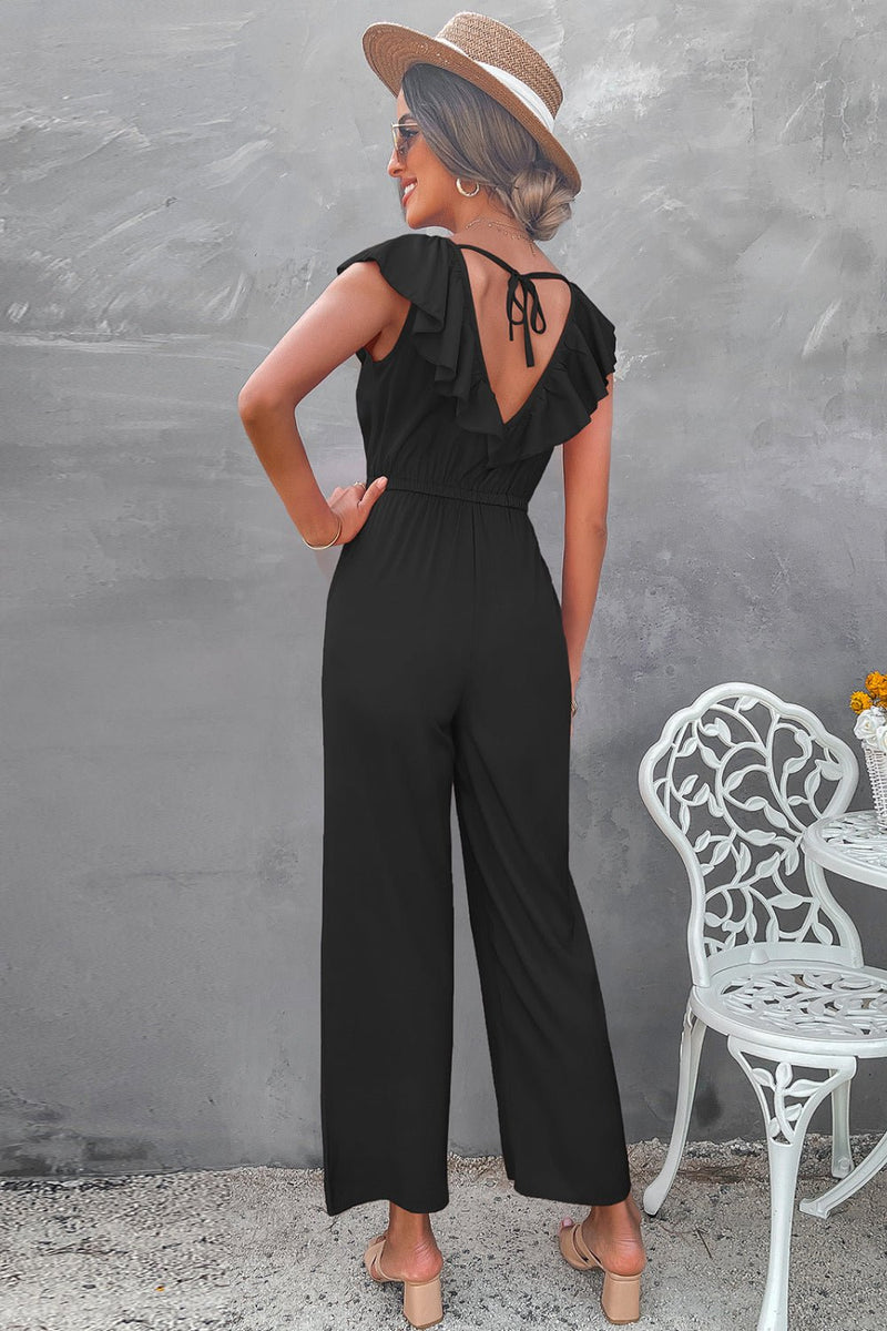 Ruffle Trim Tie-Back Wide Leg Jumpsuit - Bakers Shoes store