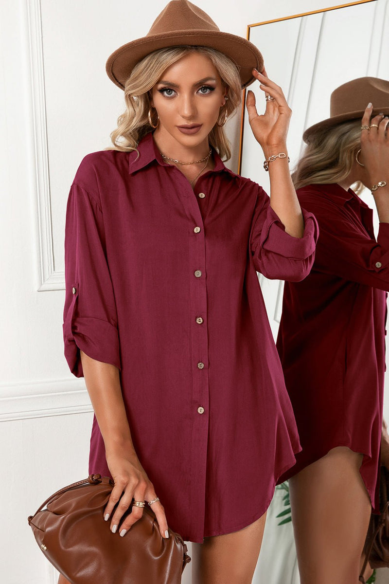 Solid Button Up Drop Shoulder Blouse - Bakers Shoes store