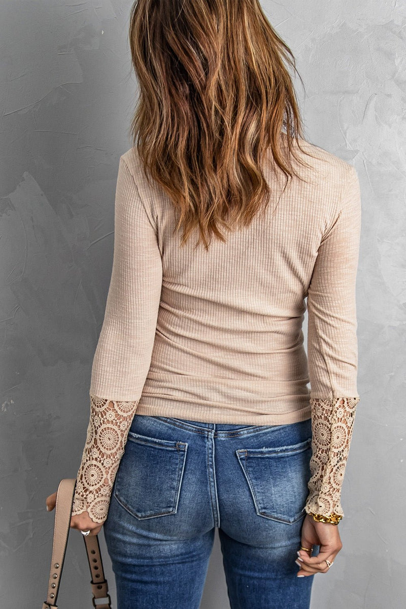 Spliced Lace Sleeve Ribbed Top - Bakers Shoes store