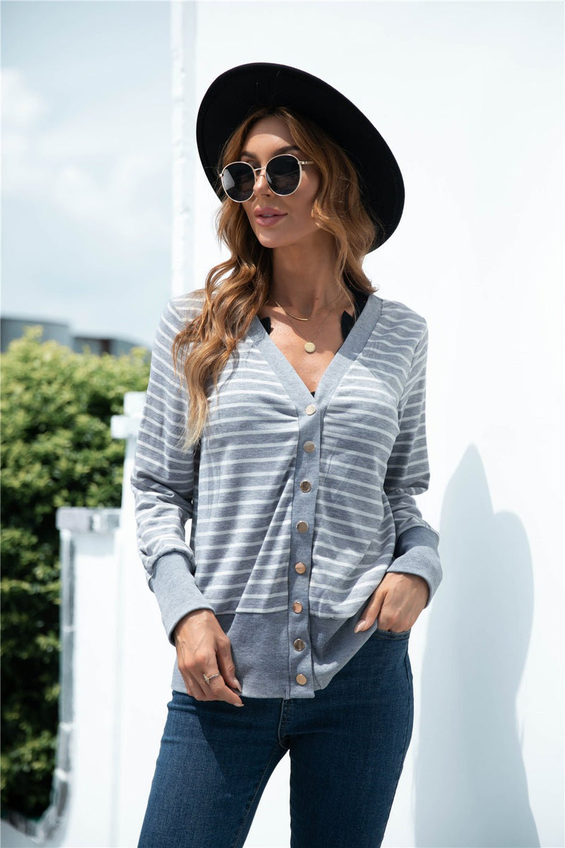 Striped Button Up V-neck Cardigan - Bakers Shoes store