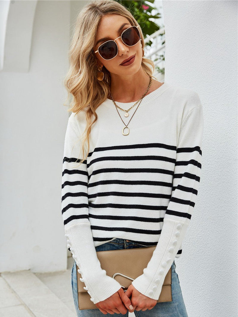 Striped Decorative Button Knit Top - Bakers Shoes store