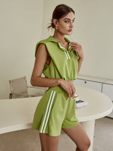 Striped Padded Shoulder Cropped Top and Paperbag Waist Shorts Set - Bakers Shoes store