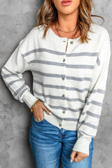 Striped Round Neck Button-Up Cardigan - Bakers Shoes store