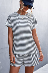 Striped Round Neck Tee and Shorts Set - Bakers Shoes store