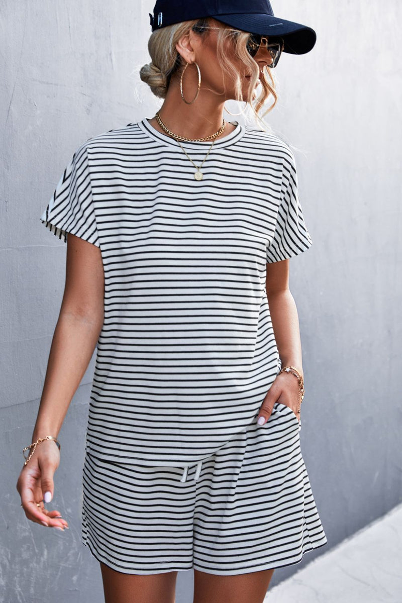 Striped Round Neck Tee and Shorts Set - Bakers Shoes store