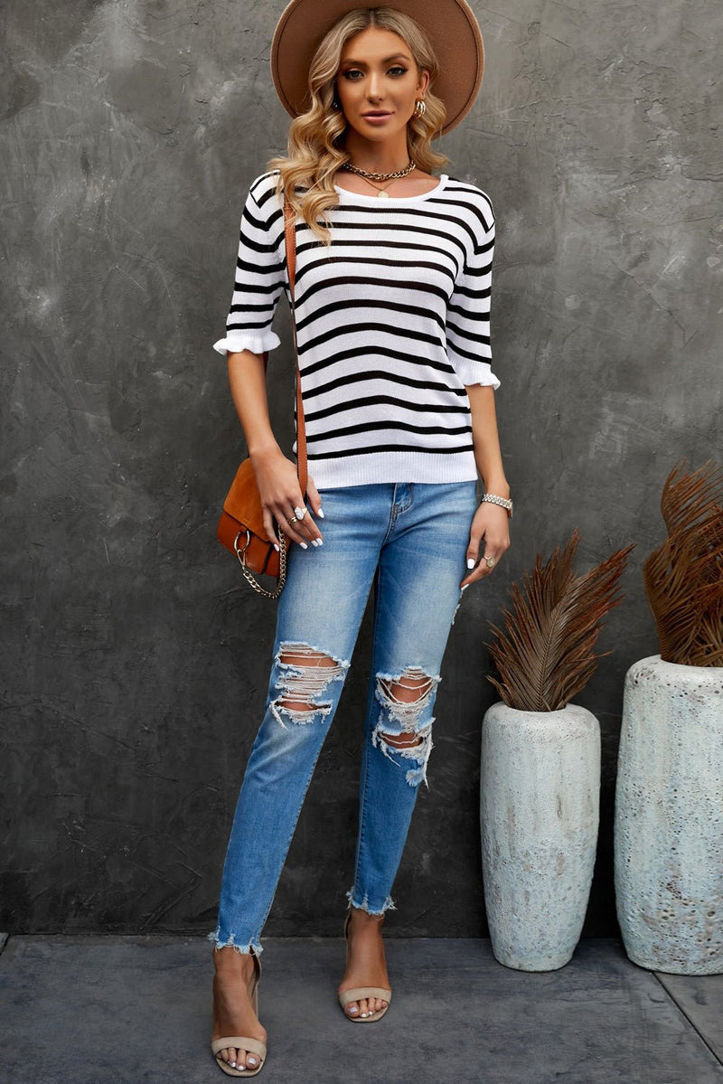 Striped Tie Back Flare Sleeve Knit Top - Bakers Shoes store
