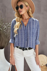 Striped V-Neck High-Low Shirt with Breast Pocket - Bakers Shoes store