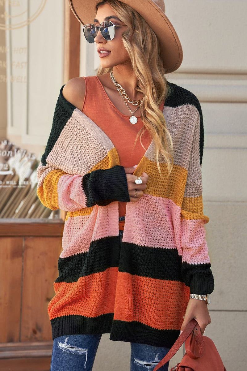 Striped Waffle Knit Open Front Cardigan - Bakers Shoes store