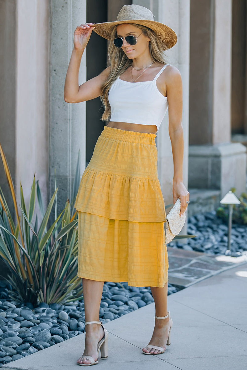 Textured Elastic Waist Layered Midi Skirt - Bakers Shoes store