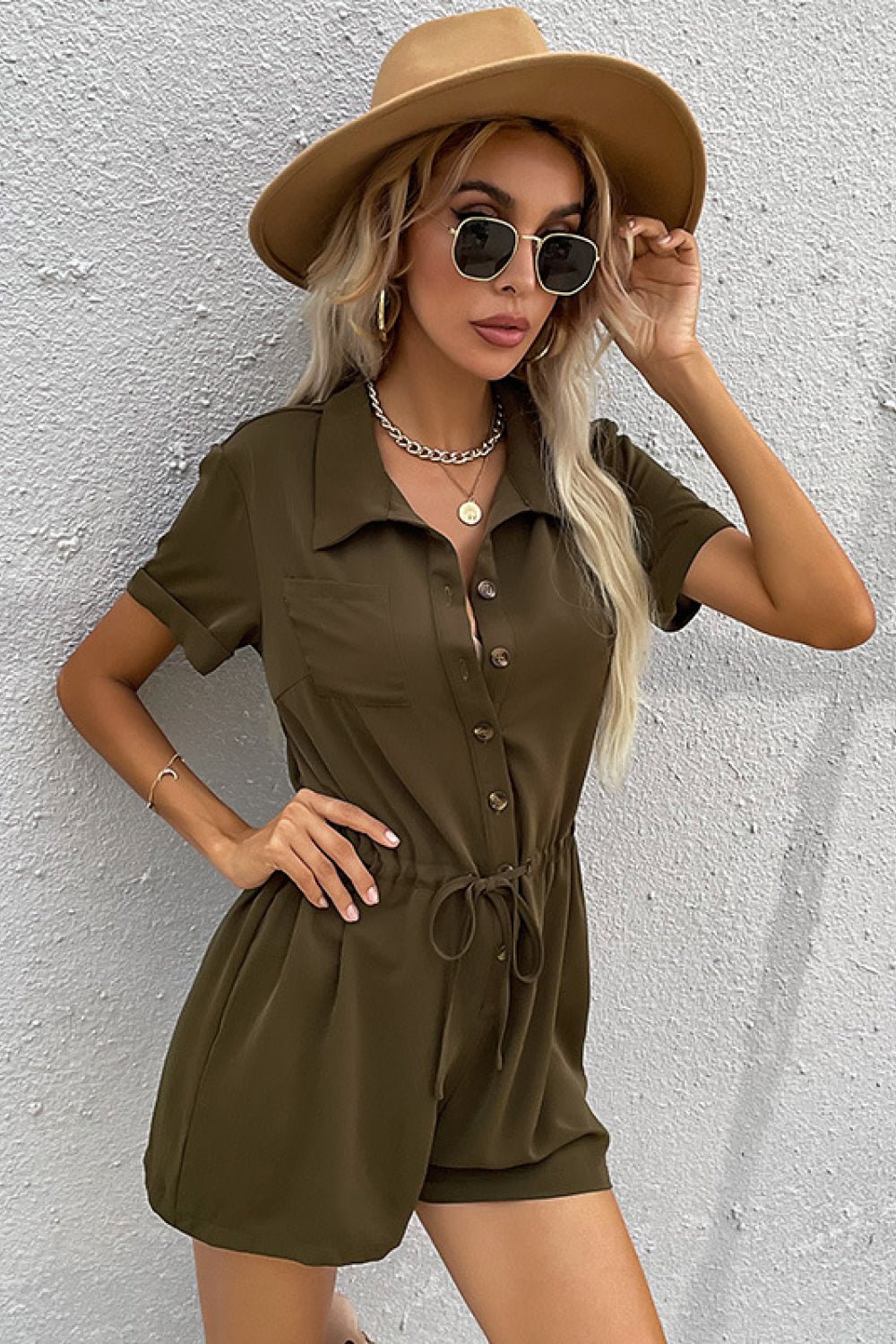 Tie Waist Button Down Collared Romper - Bakers Shoes store