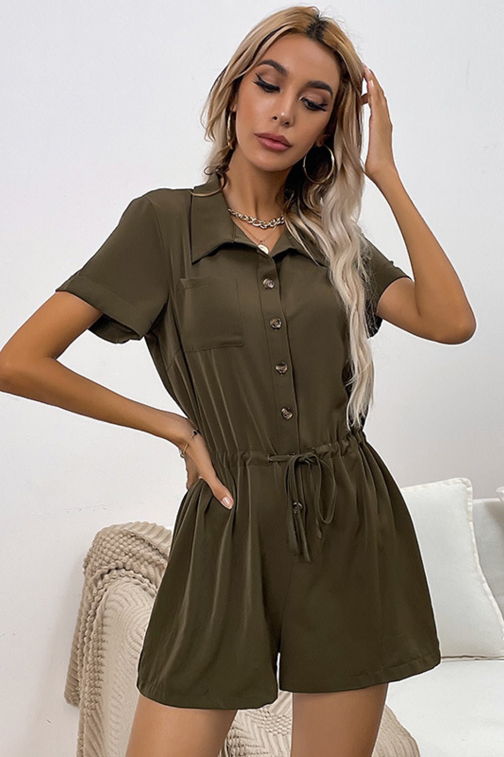 Tie Waist Button Down Collared Romper - Bakers Shoes store