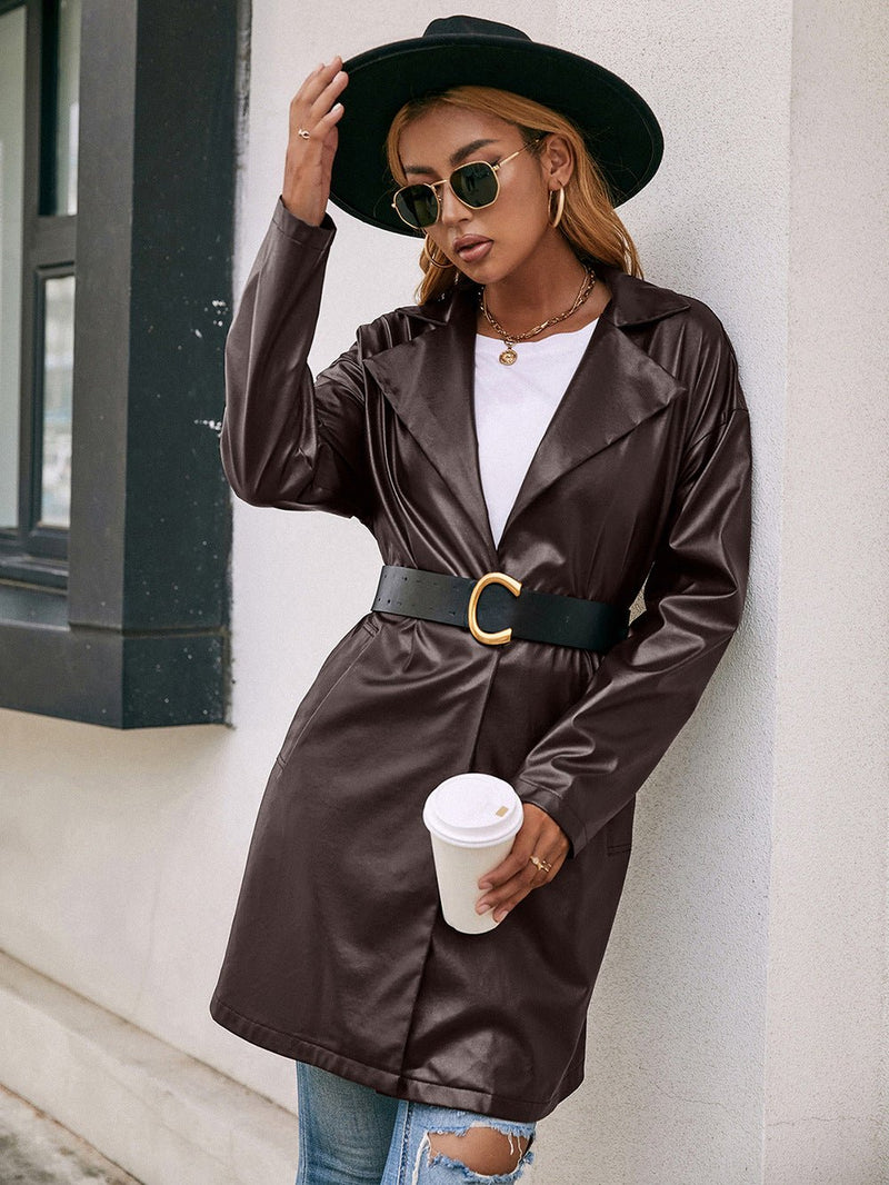 Tie Waist PU Leather Trench Coat - Bakers Shoes store