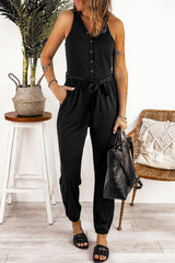 Tie Waist Snap Down Jumpsuit with Pockets - Bakers Shoes store