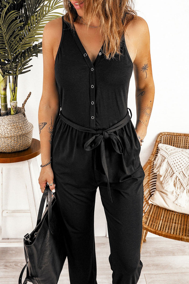 Tie Waist Snap Down Jumpsuit with Pockets - Bakers Shoes store