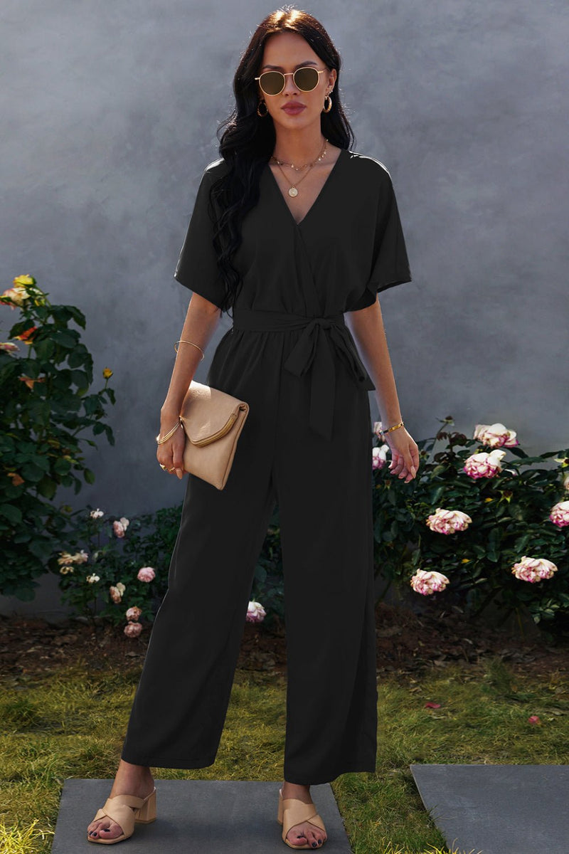 Tie-Waist Surplice Wide Leg Jumpsuit - Bakers Shoes store