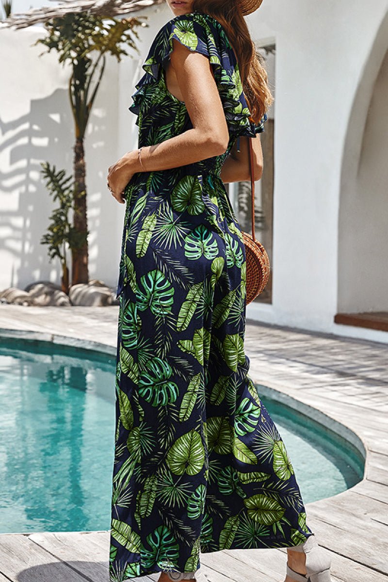 Tropical Printed V-Neck Wide Leg Jumpsuit - Bakers Shoes store