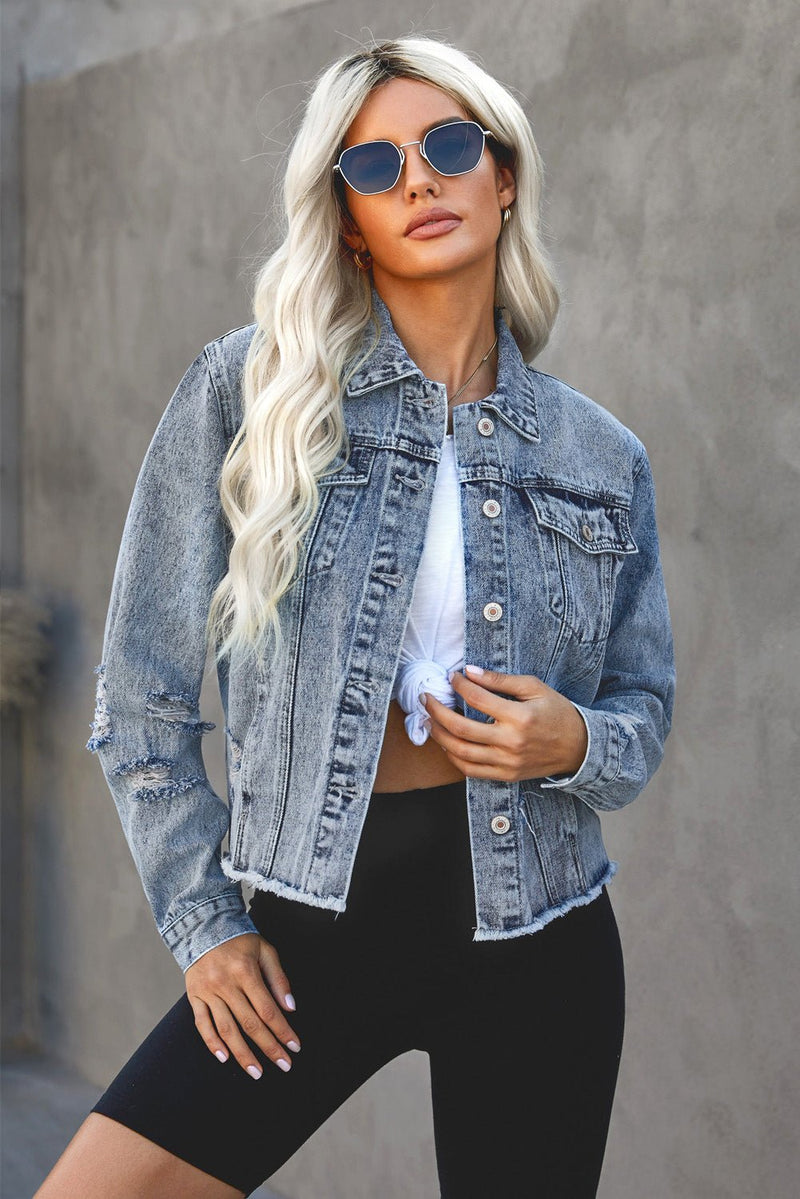 Turn Down Collar Cut-out Denim Jacket - Bakers Shoes store