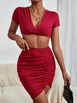 Twisted Deep V Cropped Top and Ruched Skirt Set - Bakers Shoes store