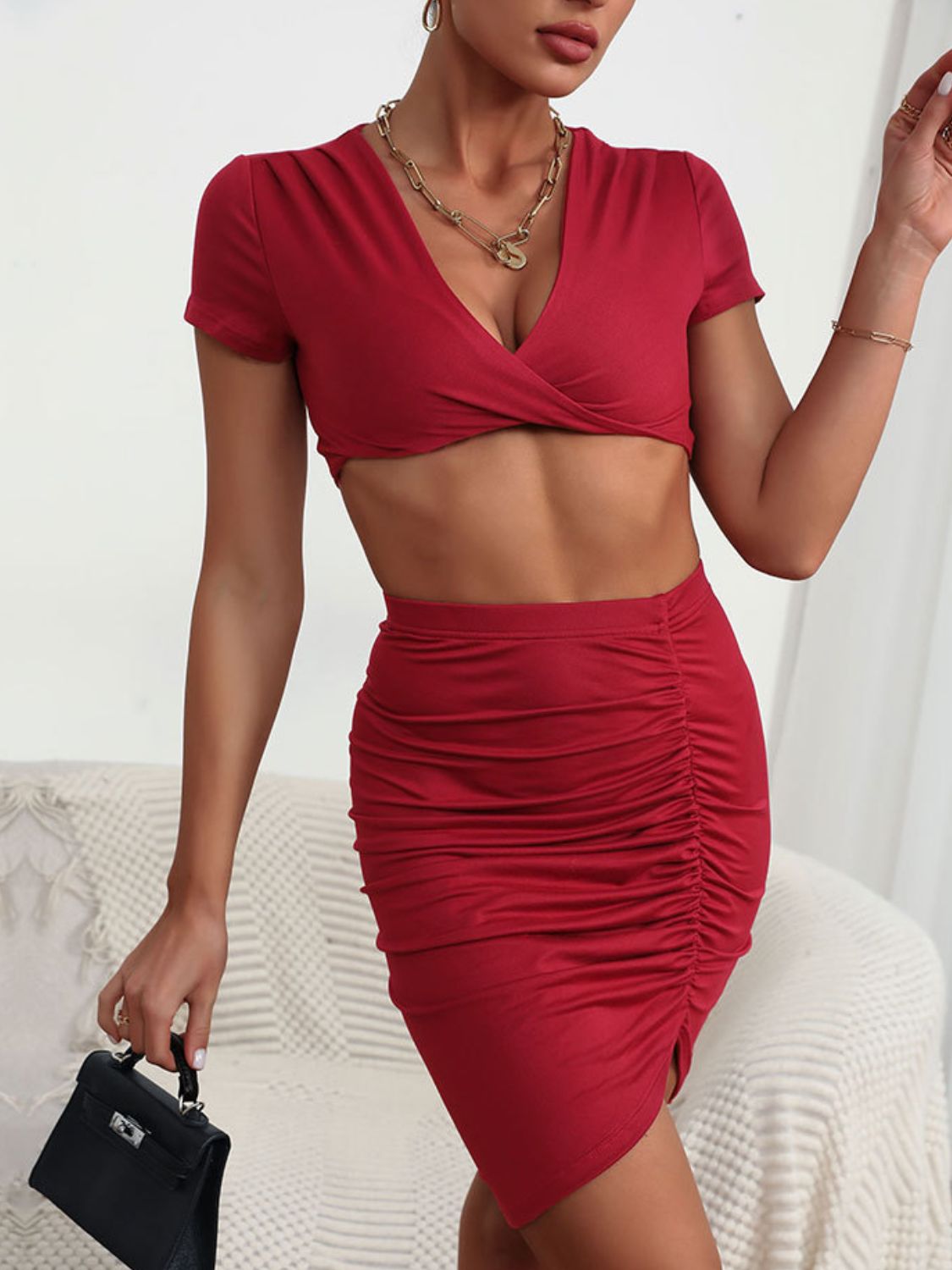 Twisted Deep V Cropped Top and Ruched Skirt Set - Bakers Shoes store
