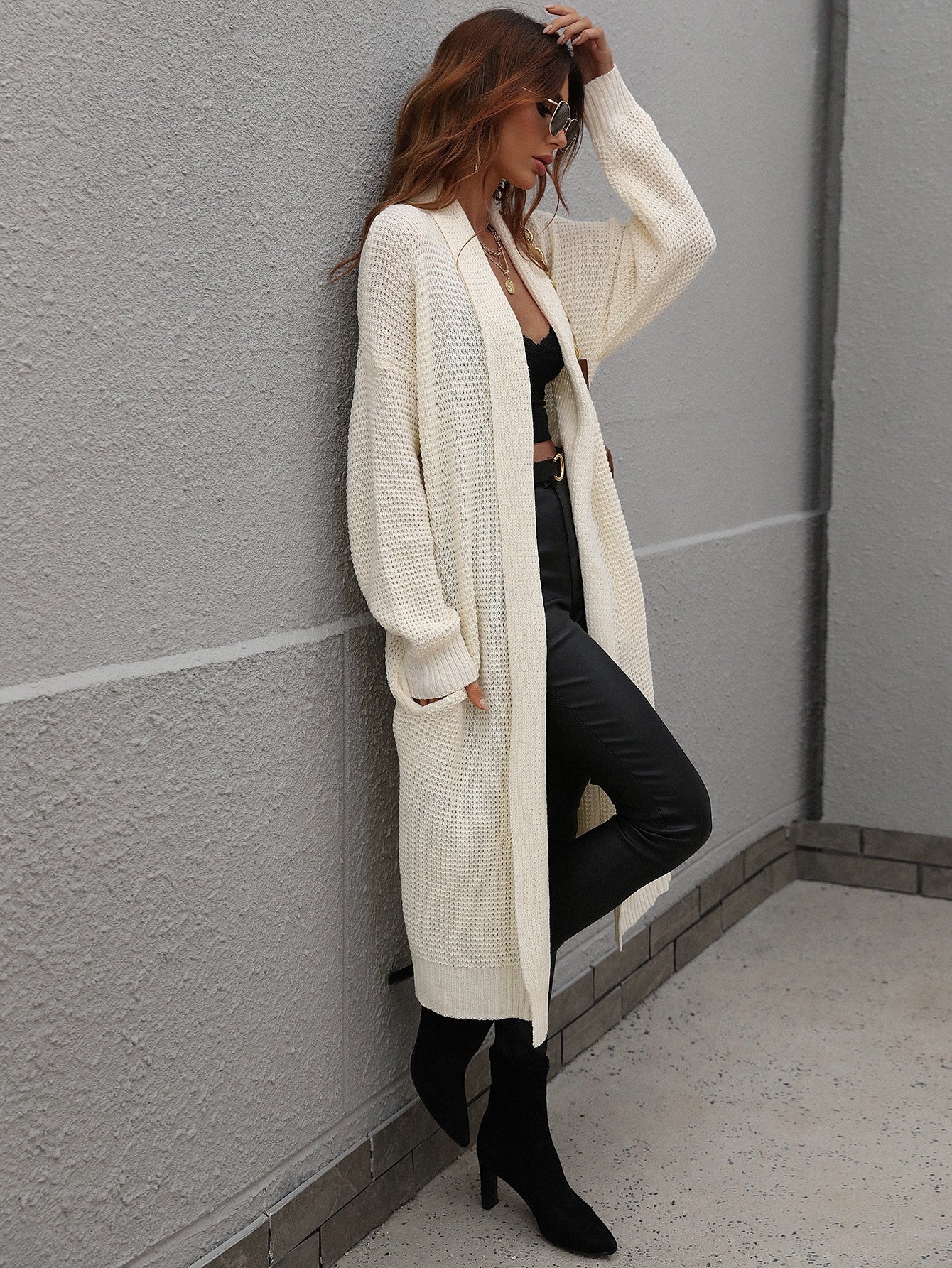 Waffle Knit Open Front Duster Cardigan With Pockets - Bakers Shoes store