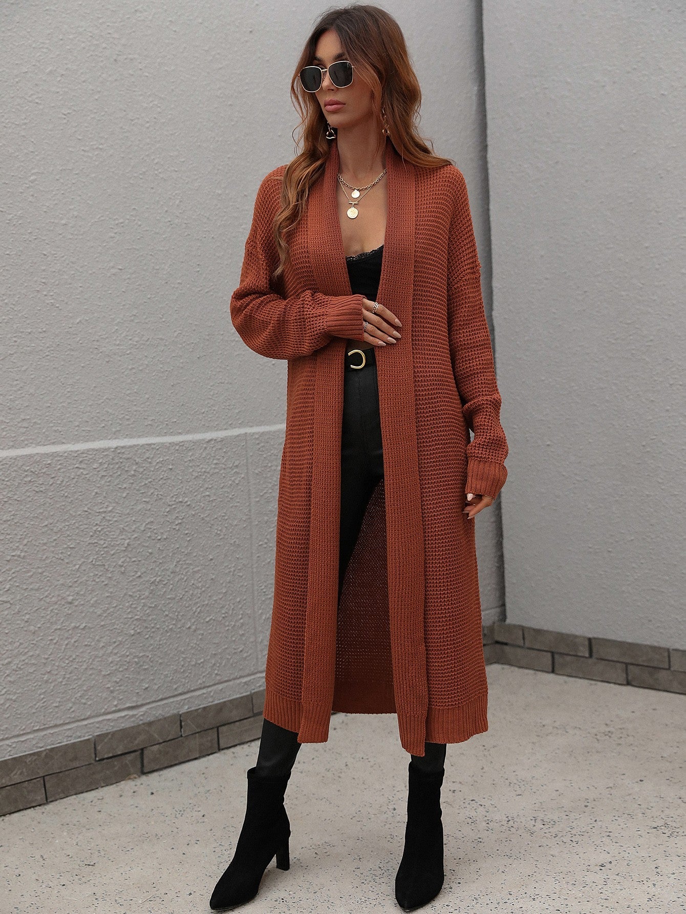 Waffle Knit Open Front Duster Cardigan With Pockets - Bakers Shoes store